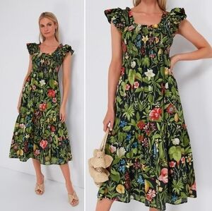 Tuckernuck Black Floral Midi Dress with Green, Red and Yellow Botanical Print